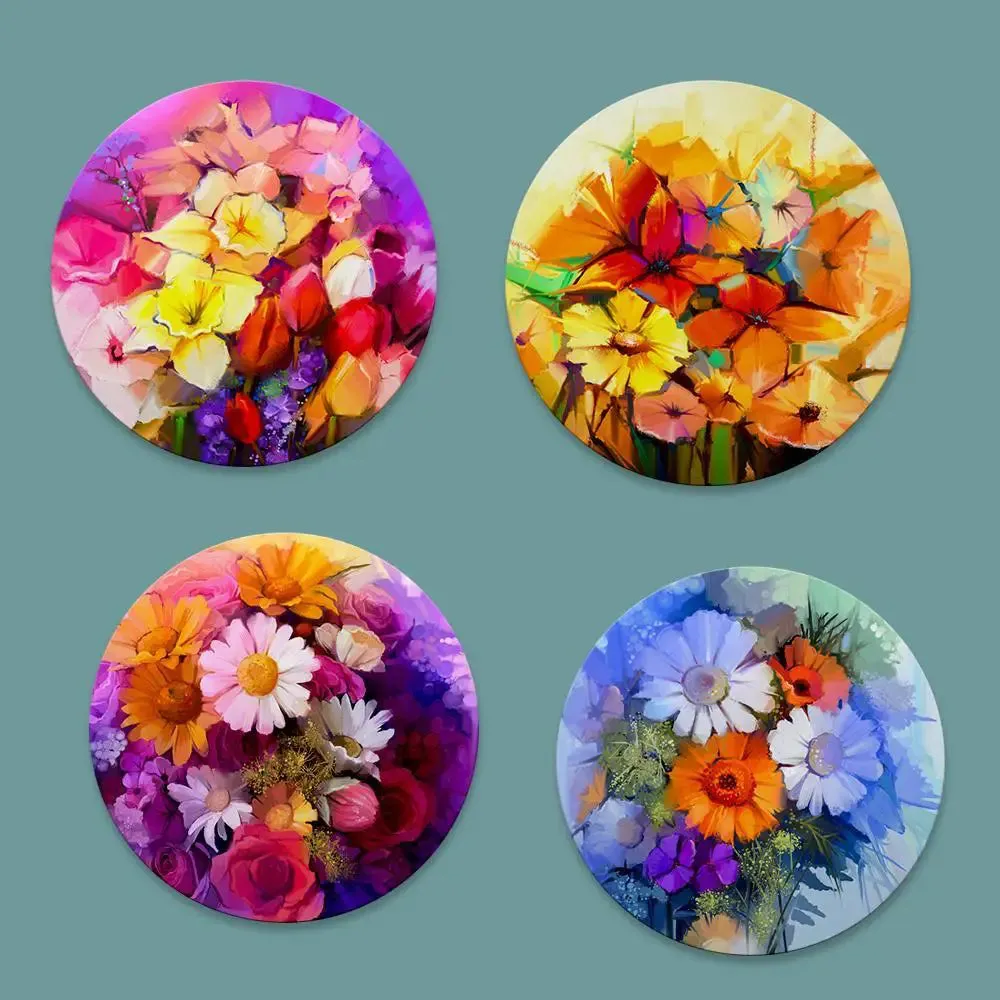 Beautiful Flowers Wall Painting With Round Shape Canvas Art - 4 Set