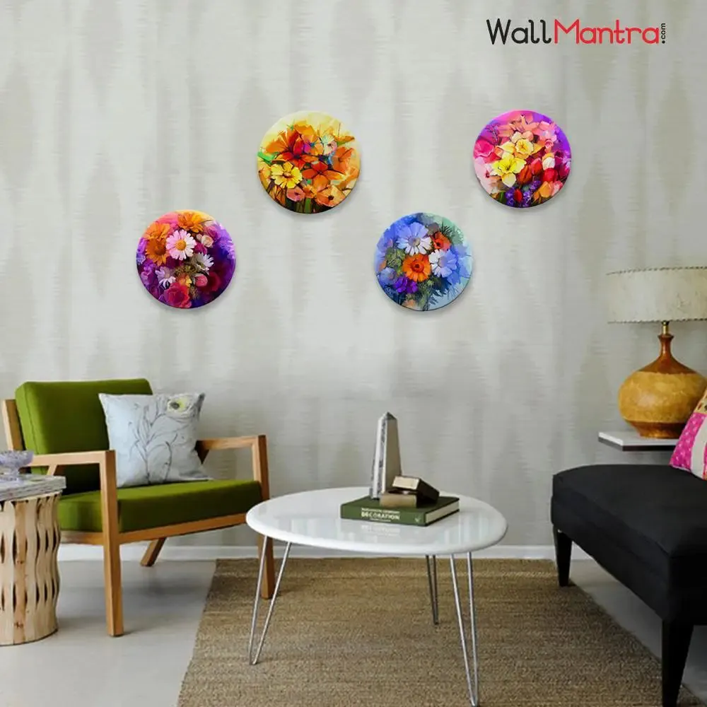 Beautiful Flowers Wall Painting With Round Shape Canvas Art - 4 Set