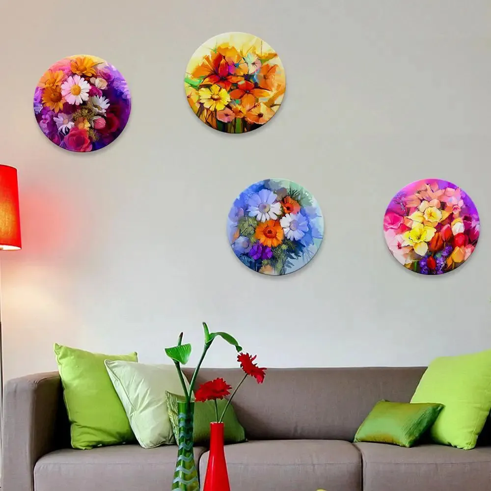 Beautiful Flowers Wall Painting With Round Shape Canvas Art - 4 Set