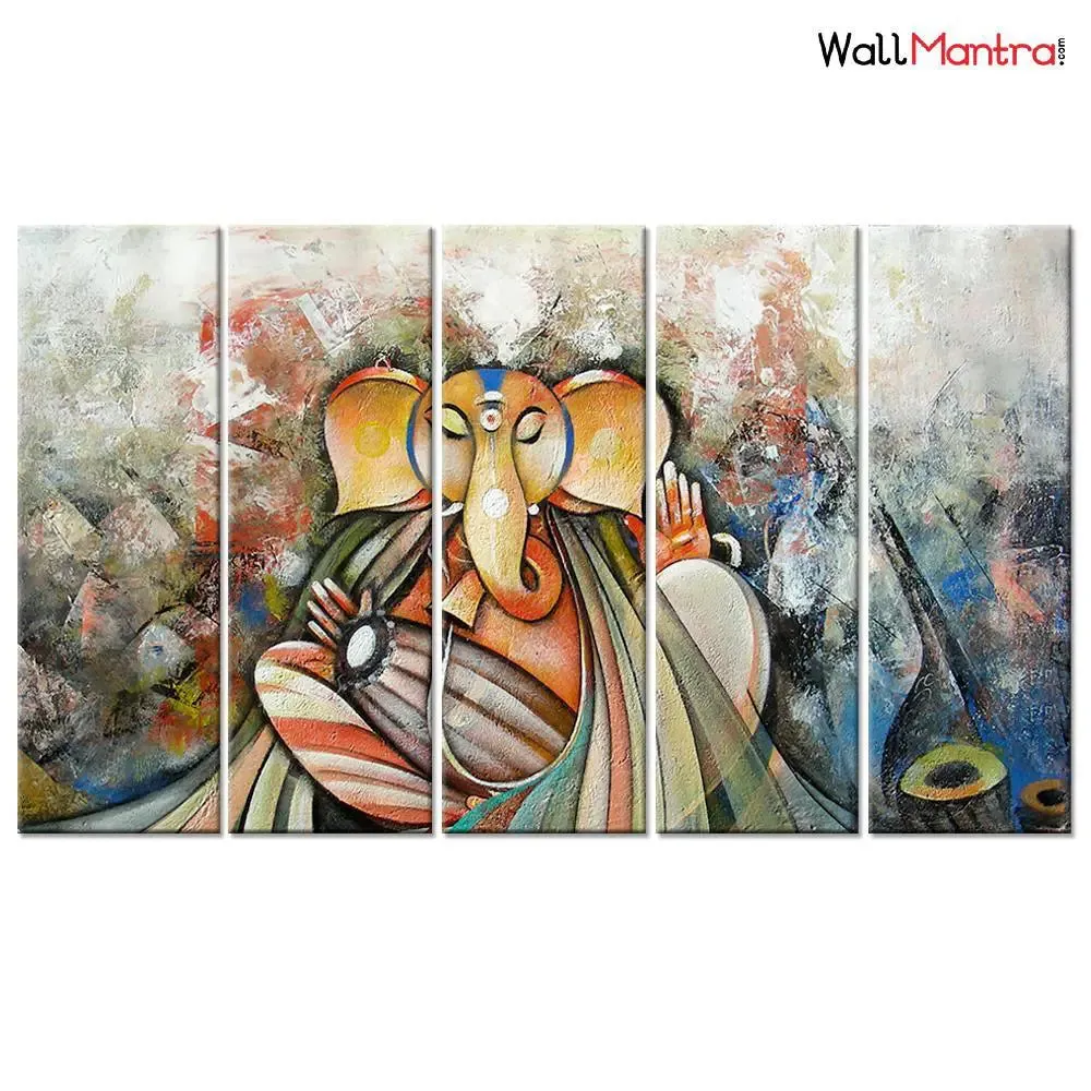 Beautiful Ganesh Indian Devotional 5 Pieces Wall Painting Framed on Wood