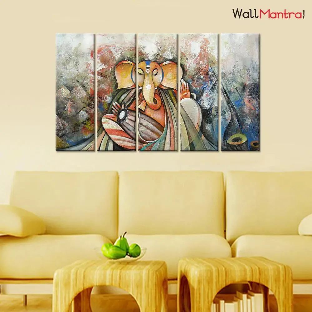 Beautiful Ganesh Indian Devotional 5 Pieces Wall Painting Framed on Wood