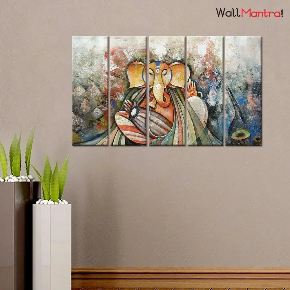 Beautiful Ganesh Indian Devotional 5 Pieces Wall Painting Framed on Wood