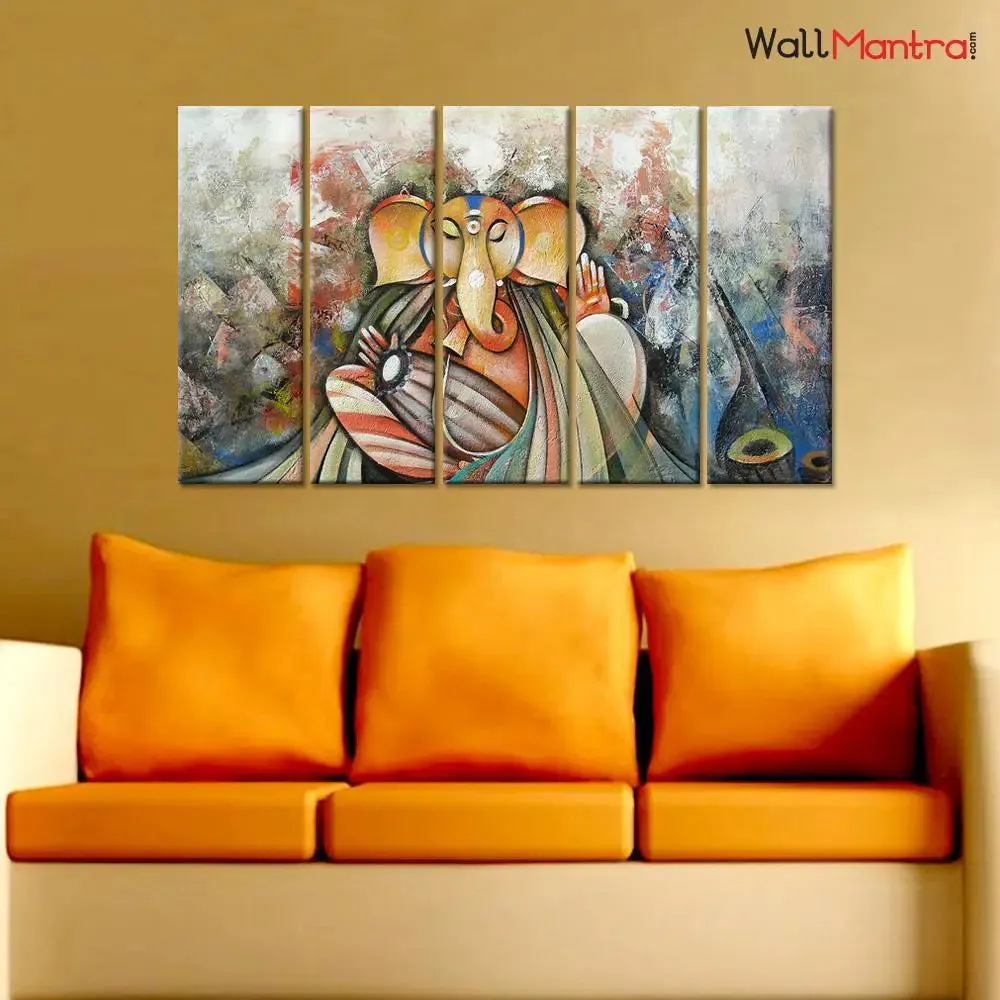 Beautiful Ganesh Indian Devotional 5 Pieces Wall Painting Framed on Wood