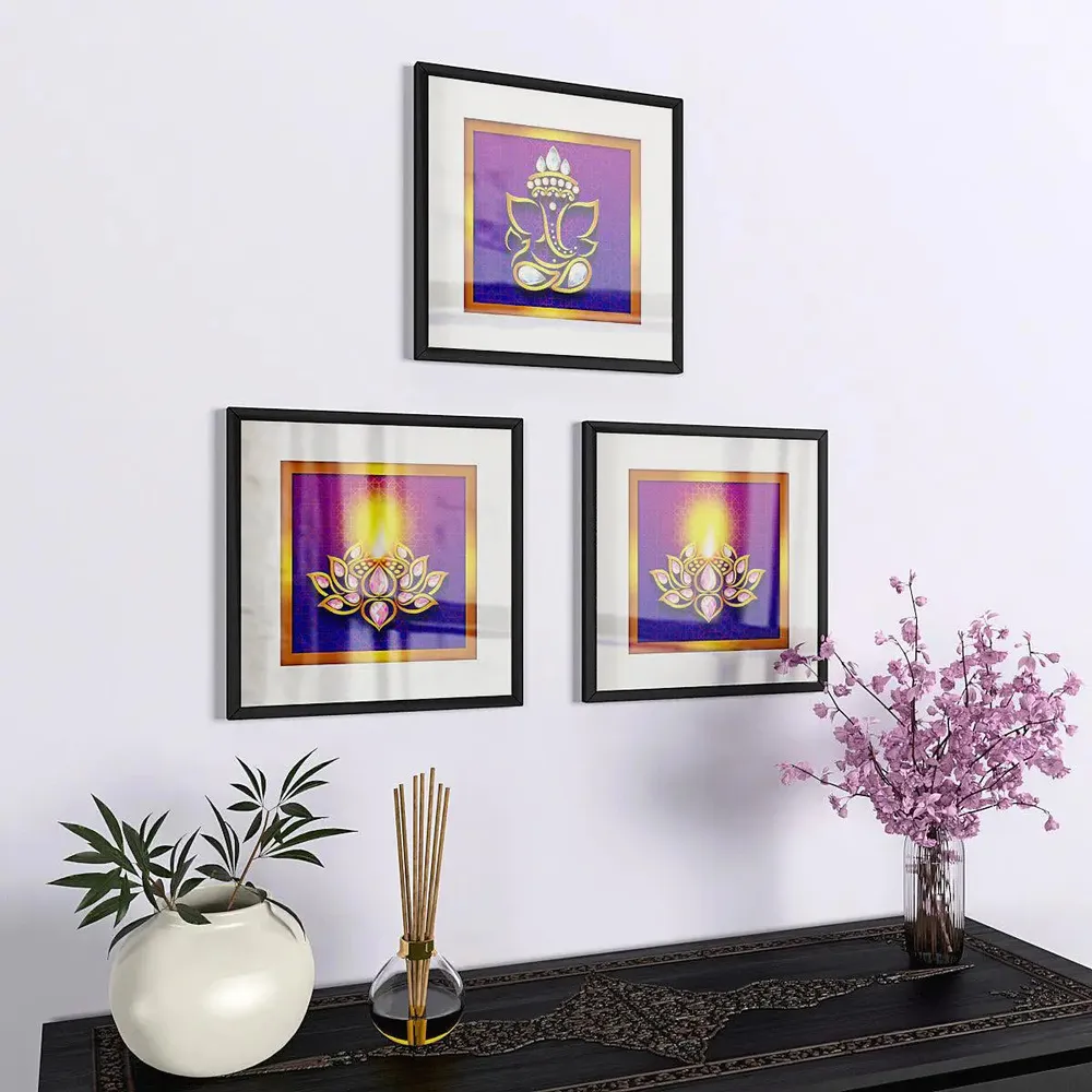 Beautiful Ganesha Framed Wall Painting Set of 3 Hangings having Break Resistant Acrylic Glass