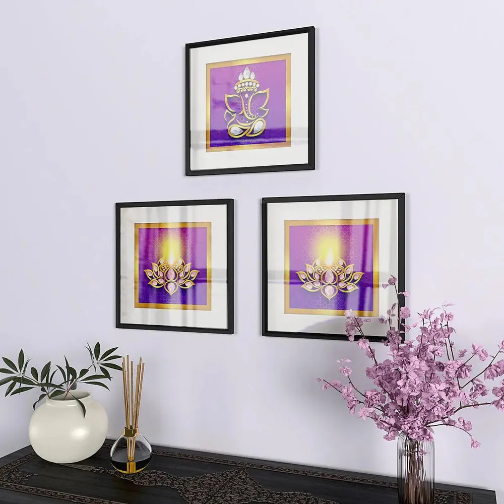 Beautiful Ganesha Framed Wall Painting Set of 3 Hangings having Break Resistant Acrylic Glass