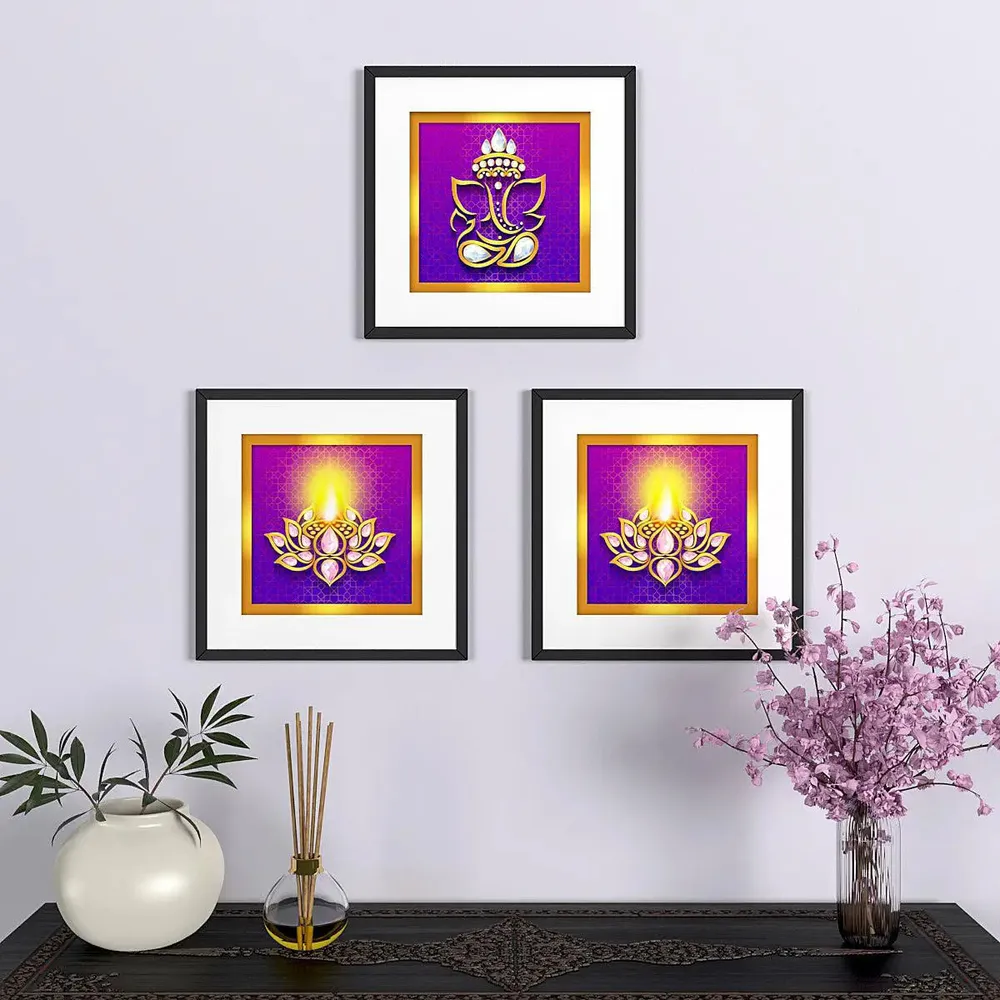 Beautiful Ganesha Framed Wall Painting Set of 3 Hangings having Break Resistant Acrylic Glass