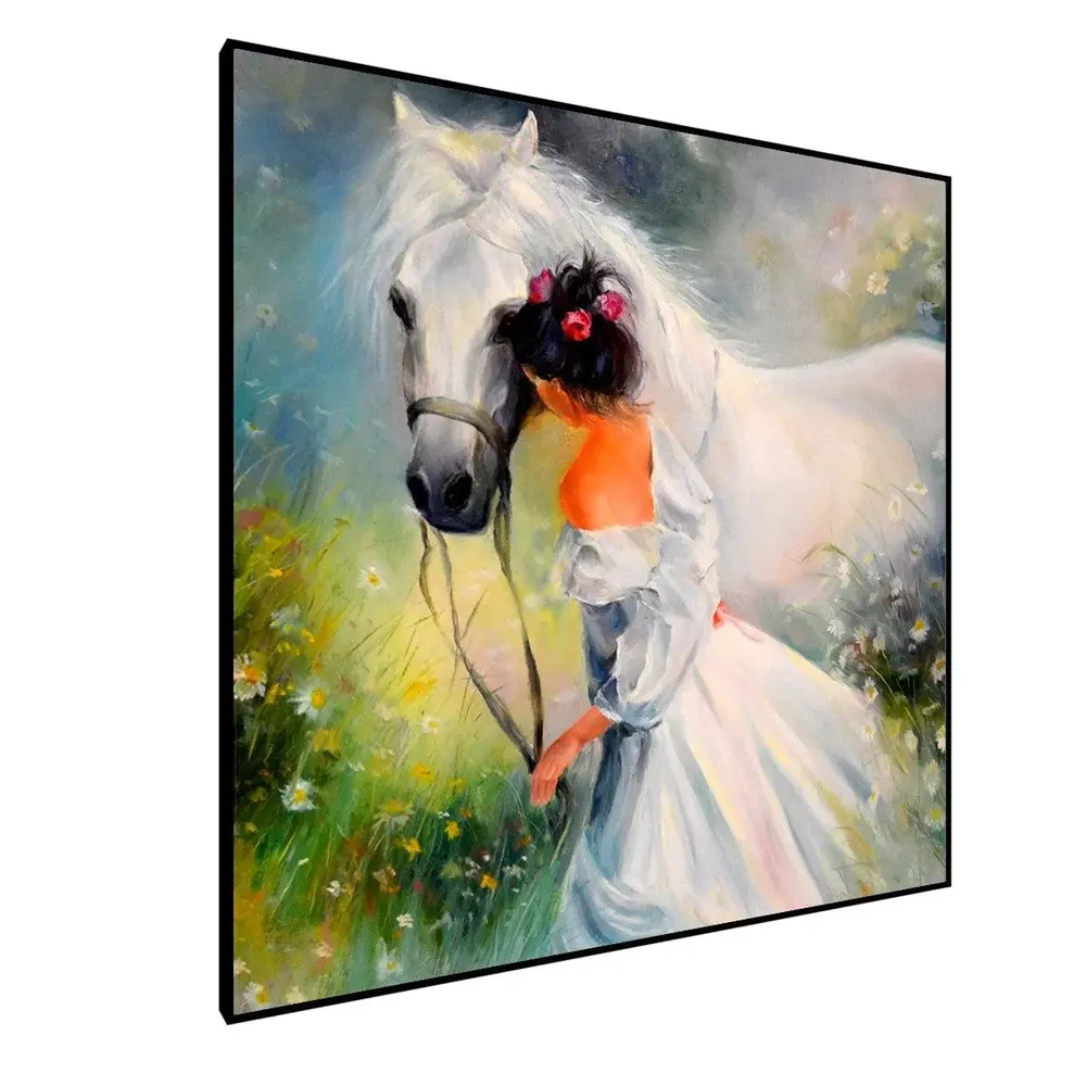 Beautiful Girl With Horse Canvas Painting With Black Floating Frame Size: 57 cm (H) X 57 cm (W)