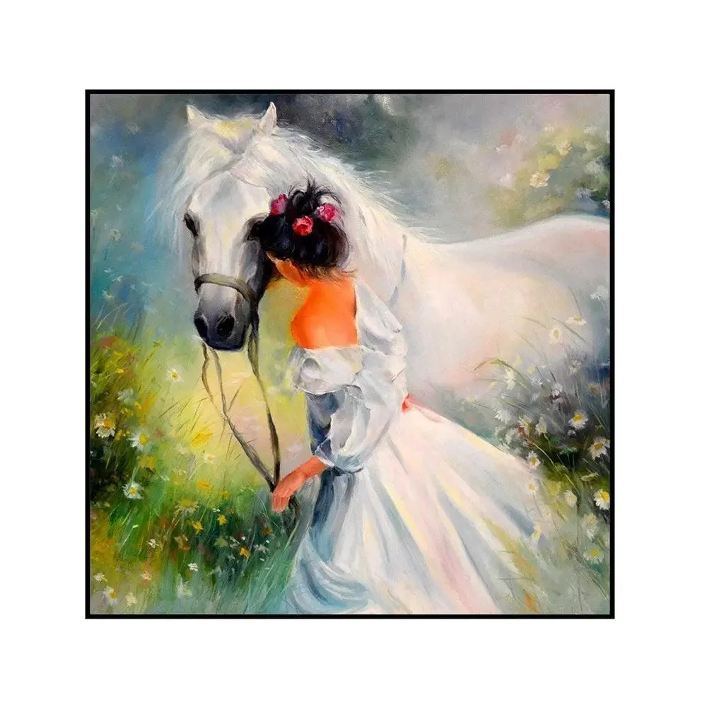 Beautiful Girl With Horse Canvas Painting With Black Floating Frame Size: 57 cm (H) X 57 cm (W)