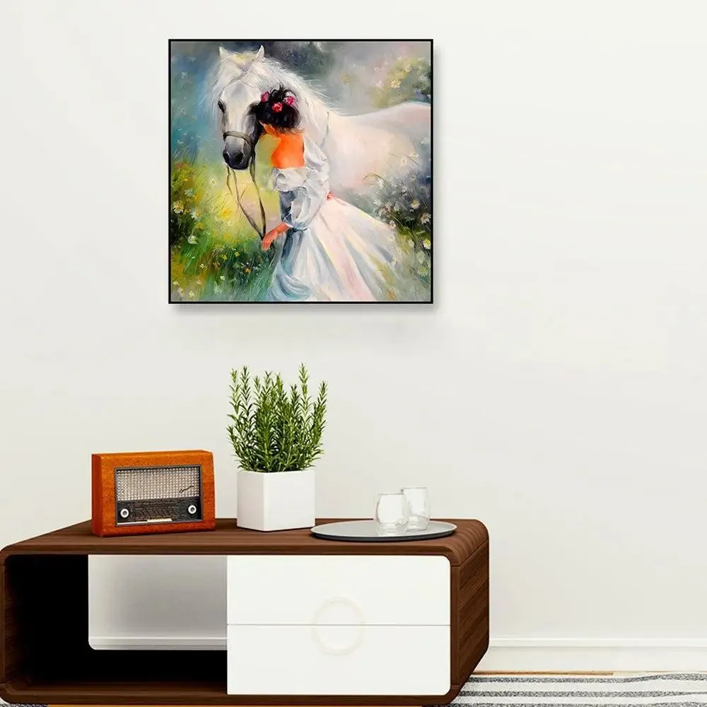 Beautiful Girl With Horse Canvas Painting With Black Floating Frame Size: 57 cm (H) X 57 cm (W)