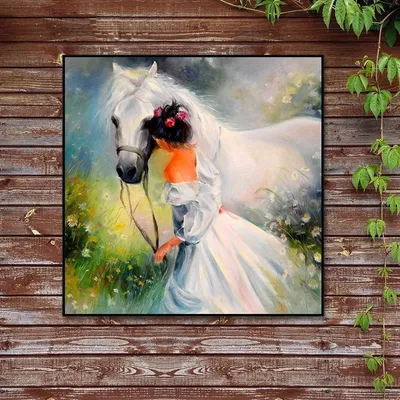 Beautiful Girl With Horse Canvas Painting With Black Floating Frame Size: 57 cm (H) X 57 cm (W)