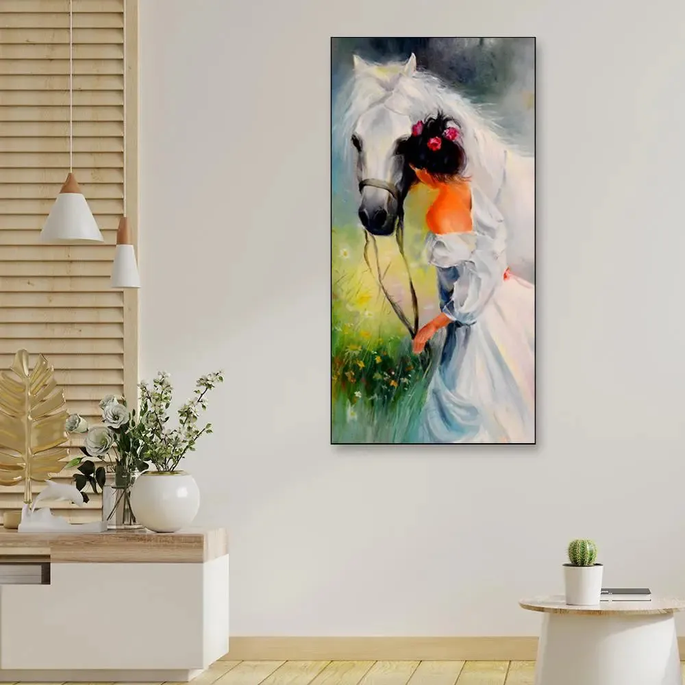 Beautiful Girl With Horse Canvas Printed Wall Painting With Frame