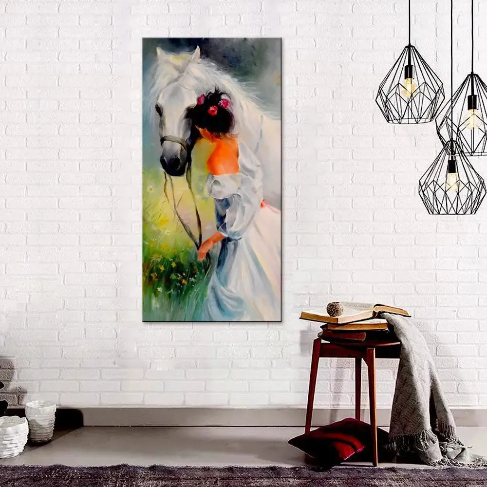 Beautiful Girl With Horse Canvas Printed Wall Painting With Frame