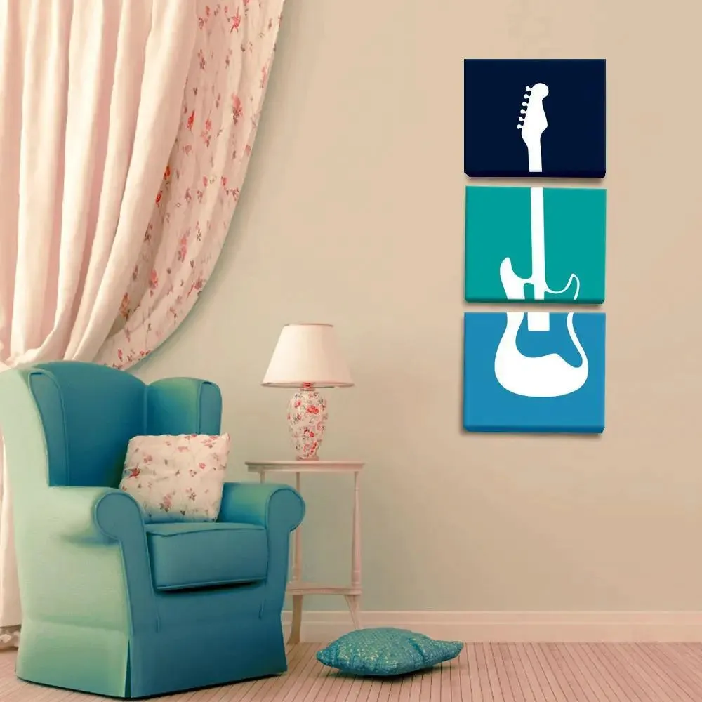 Beautiful Guitar Wall Painting / 3 Pieces Canvas Print/Stretched and Framed on Wood / 12" W x 32" H