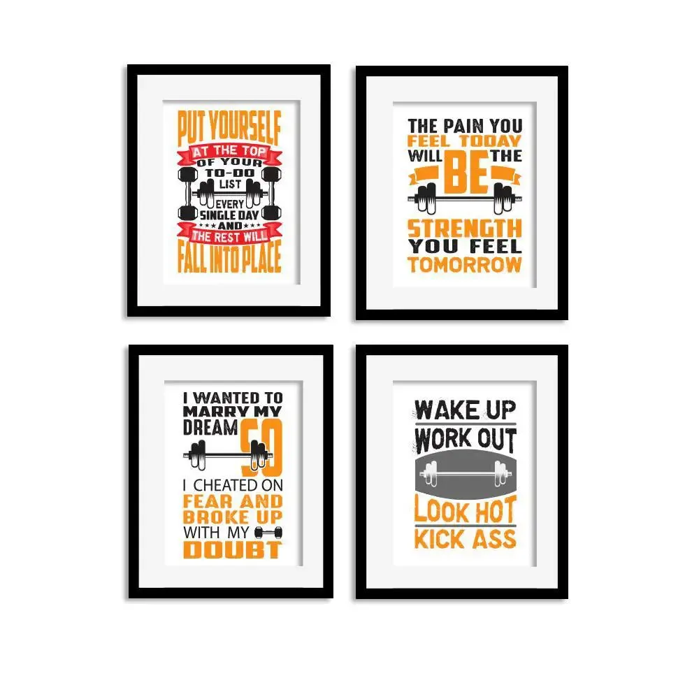 Beautiful Gym Quotes Set of 4 frames with Break Resistant Clear Acrylic Glass