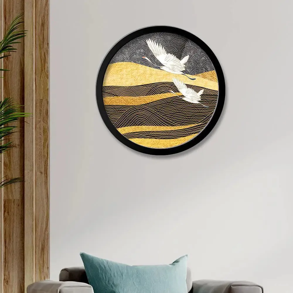 Beautiful Heron Nature Art Scenery With Round Shape Canvas wall Painting