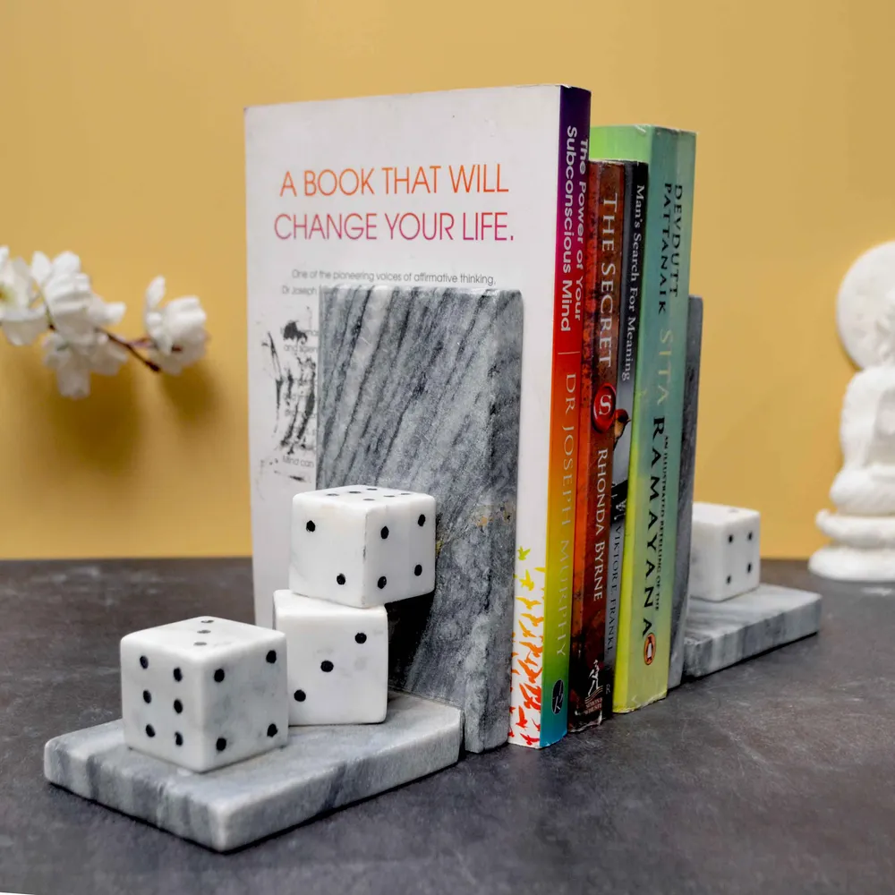 Beautiful Intricately Crafted White Italian Marble Bookend (Set of 2)