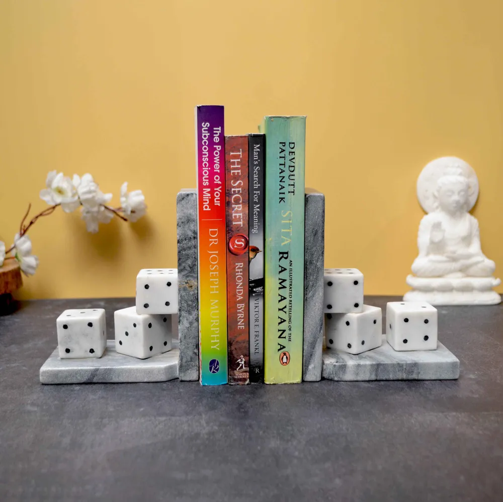 Beautiful Intricately Crafted White Italian Marble Bookend (Set of 2)