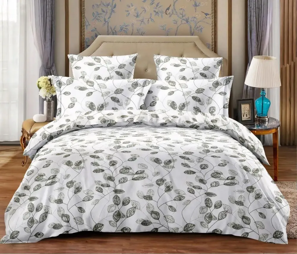 Beautiful Ivory Shade Leaf Motif Pattern Design Printed Modern Double Bed Premium Bedsheet With Pillow Covers