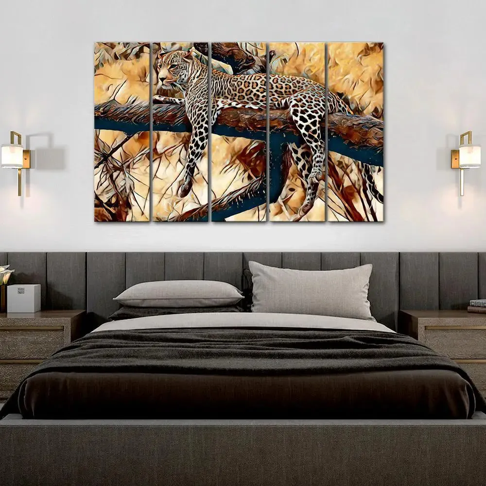 Beautiful Jaguar on The Tree Branches Canvas Wall Painting 5 Panel