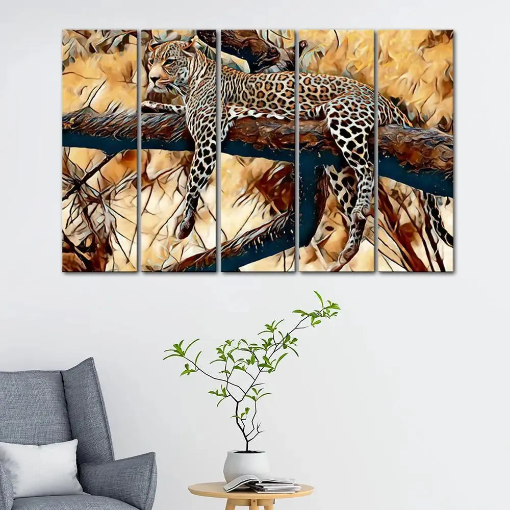 Beautiful Jaguar on The Tree Branches Canvas Wall Painting 5 Panel