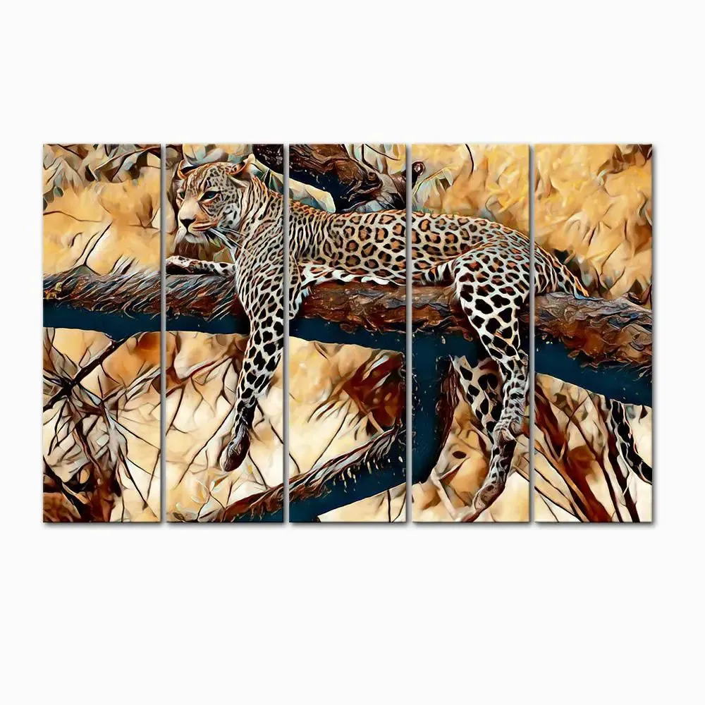 Beautiful Jaguar on The Tree Branches Canvas Wall Painting 5 Panel