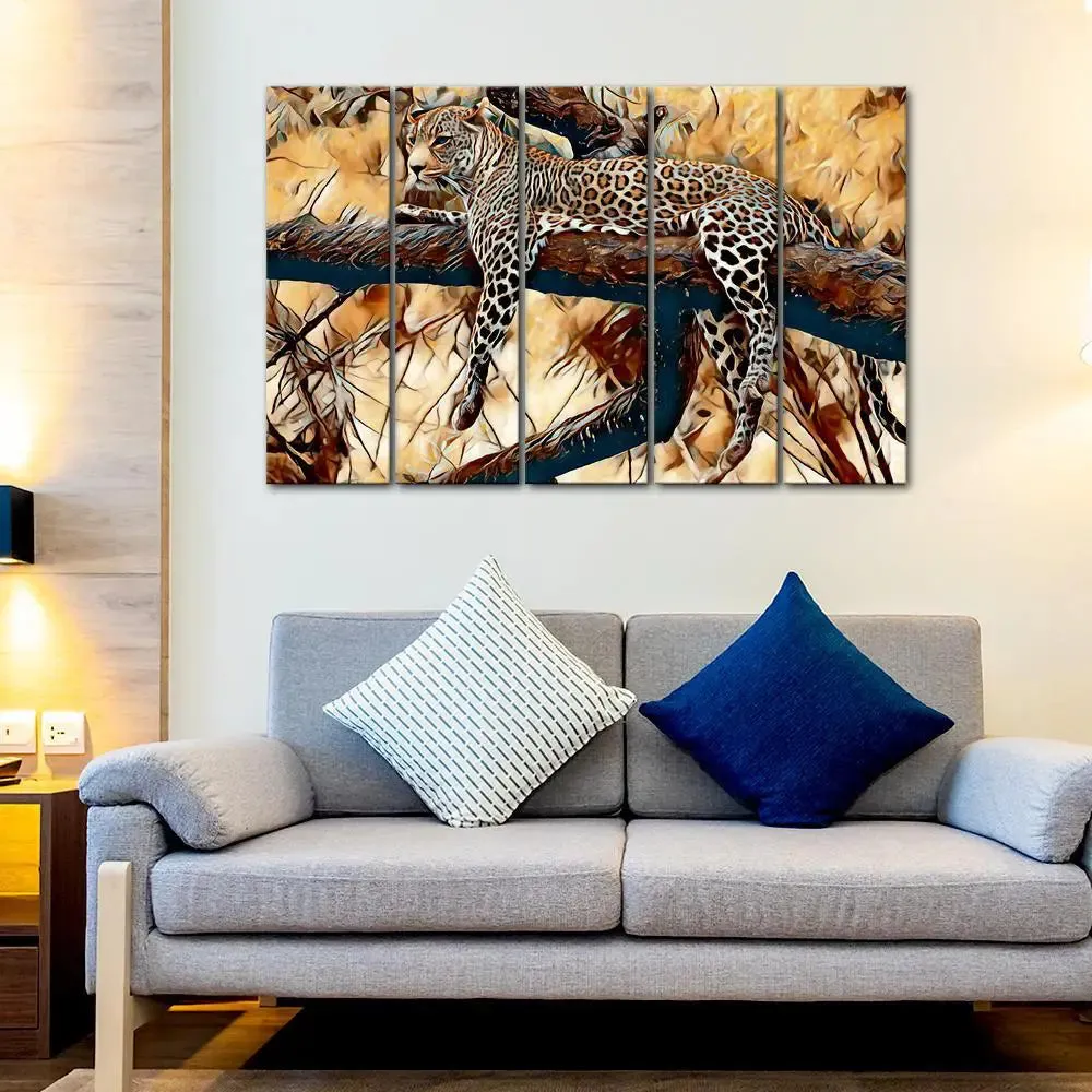 Beautiful Jaguar on The Tree Branches Canvas Wall Painting 5 Panel