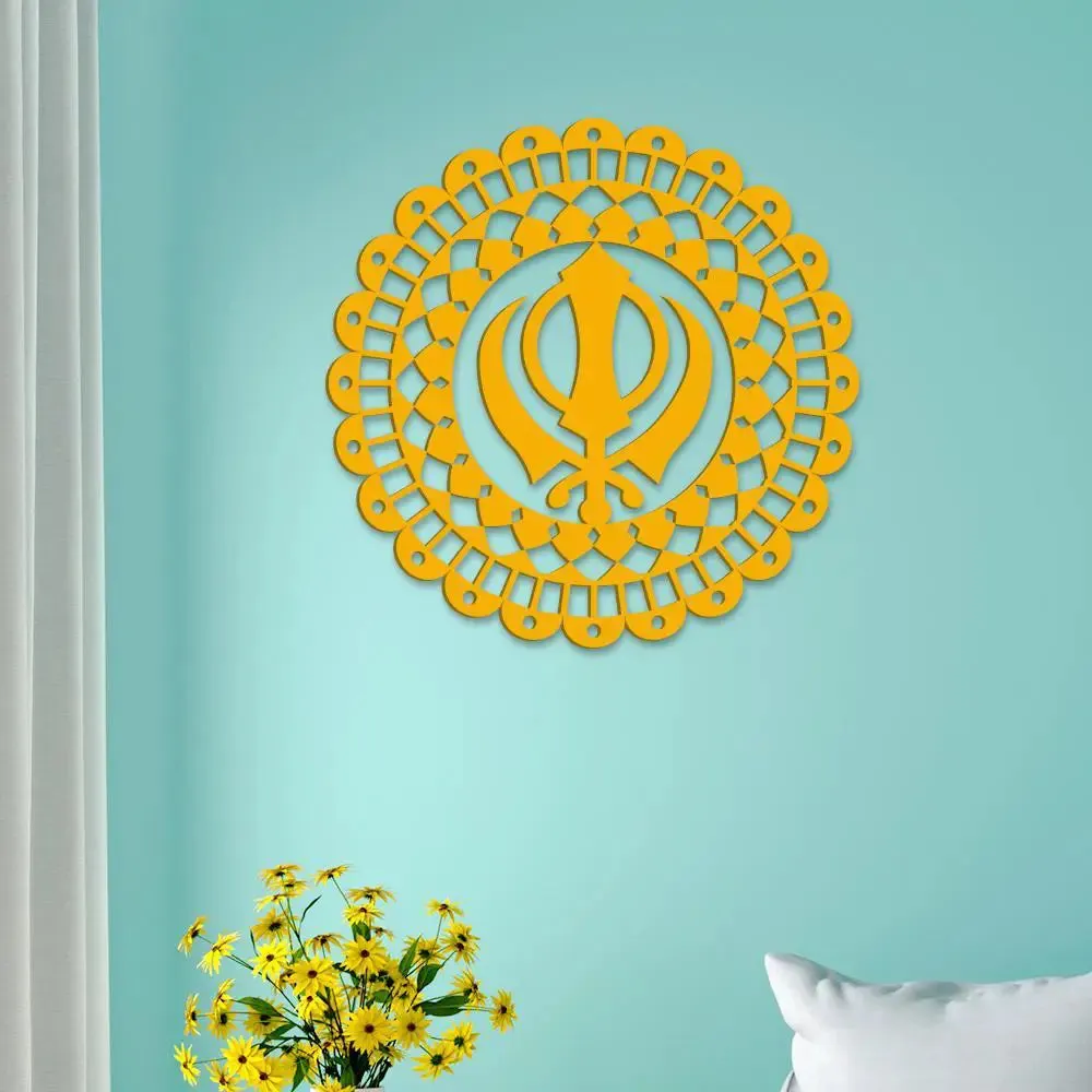 Beautiful Khanda Design in Circle Wooden Wall Hanging,  Living Room Wooden Wall Decoration Medium(18 inch X 18 inch)