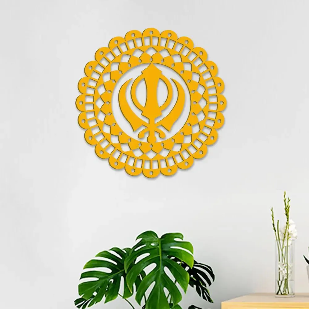 Beautiful Khanda Design in Circle Wooden Wall Hanging,  Living Room Wooden Wall Decoration Medium(18 inch X 18 inch)