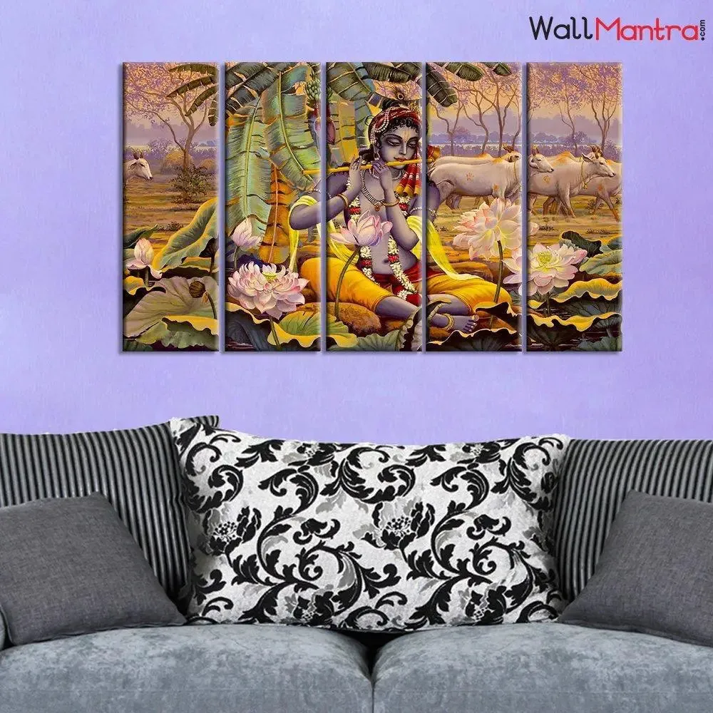Beautiful Krishna and Cows 5 Pieces Canvas Print Wall Painting