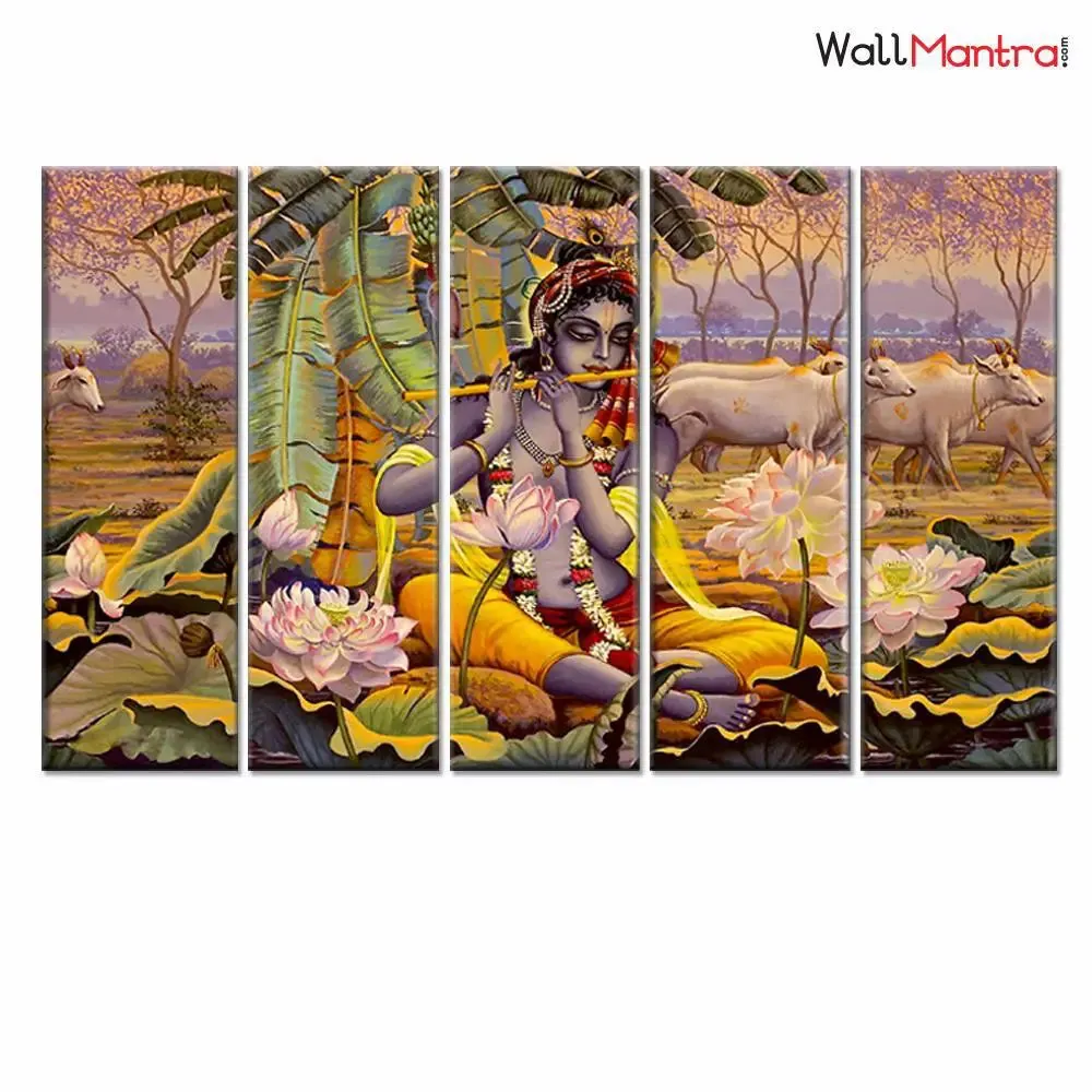 Beautiful Krishna and Cows 5 Pieces Canvas Print Wall Painting