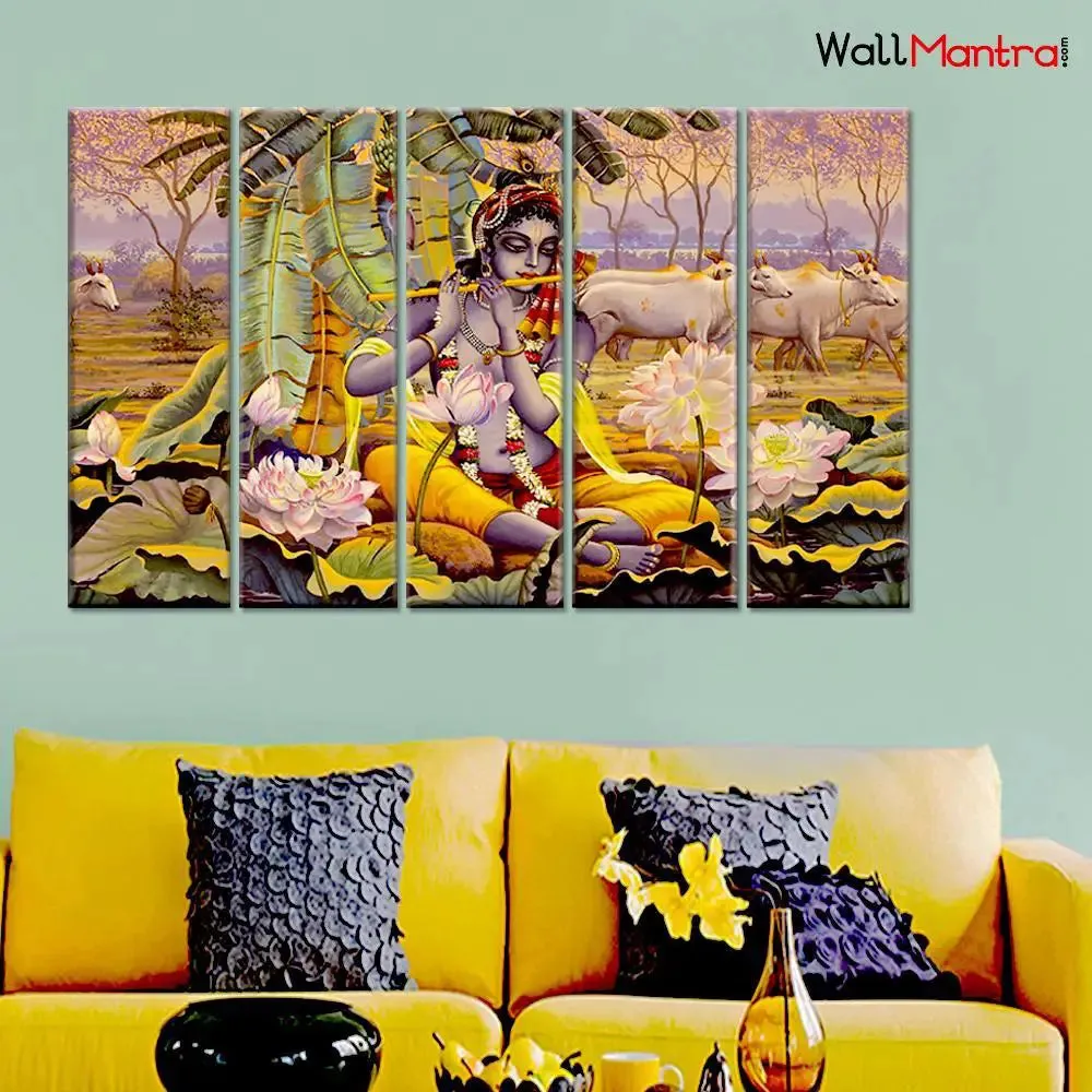 Beautiful Krishna and Cows 5 Pieces Canvas Print Wall Painting