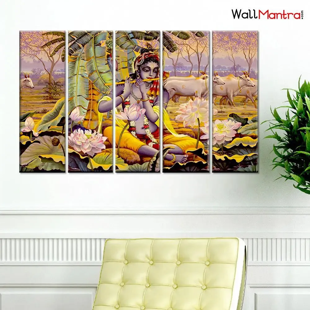 Beautiful Krishna and Cows 5 Pieces Canvas Print Wall Painting