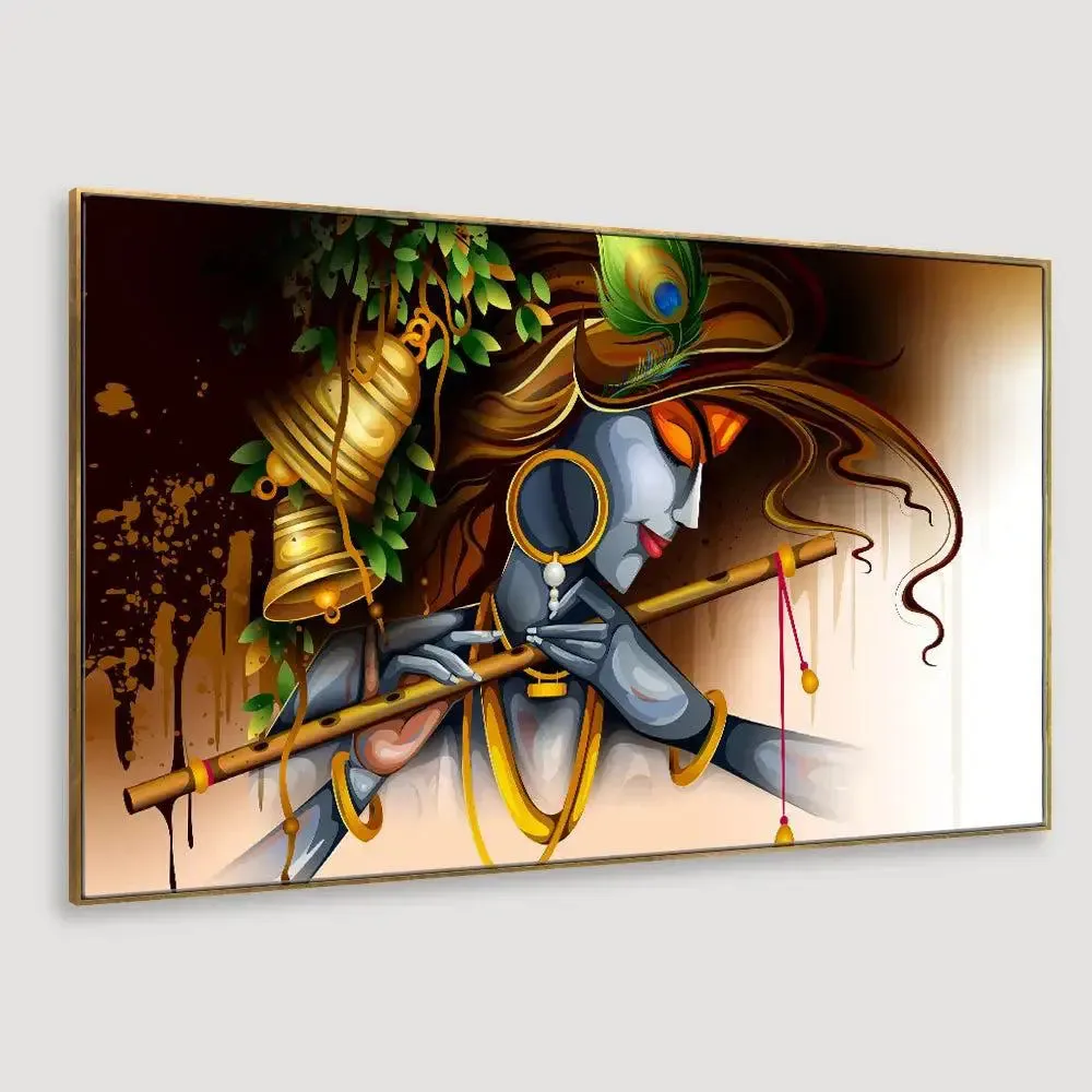 Beautiful Krishna with Flute Canvas Wall Painting With Frame