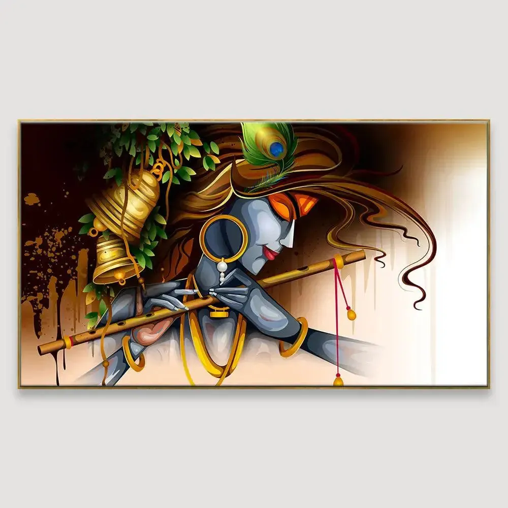Beautiful Krishna with Flute Canvas Wall Painting With Frame