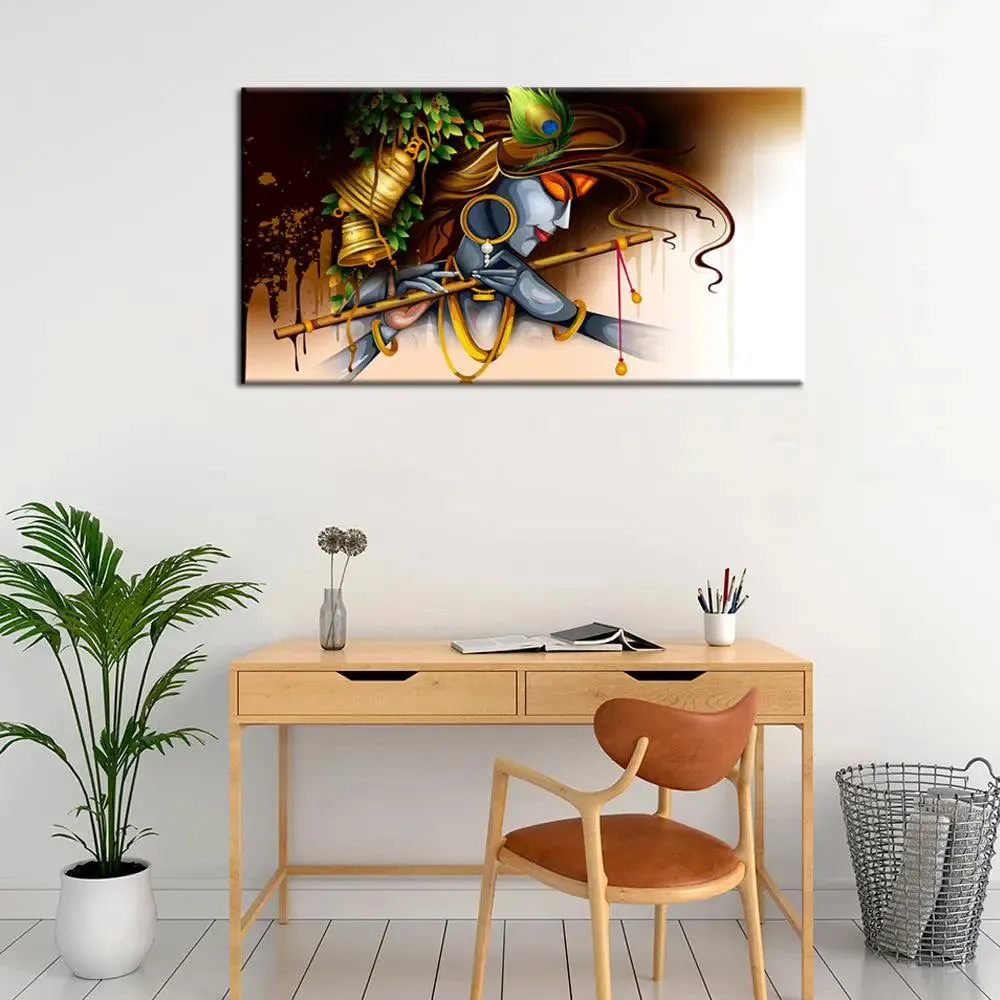 Beautiful Krishna with Flute Canvas Wall Painting With Frame