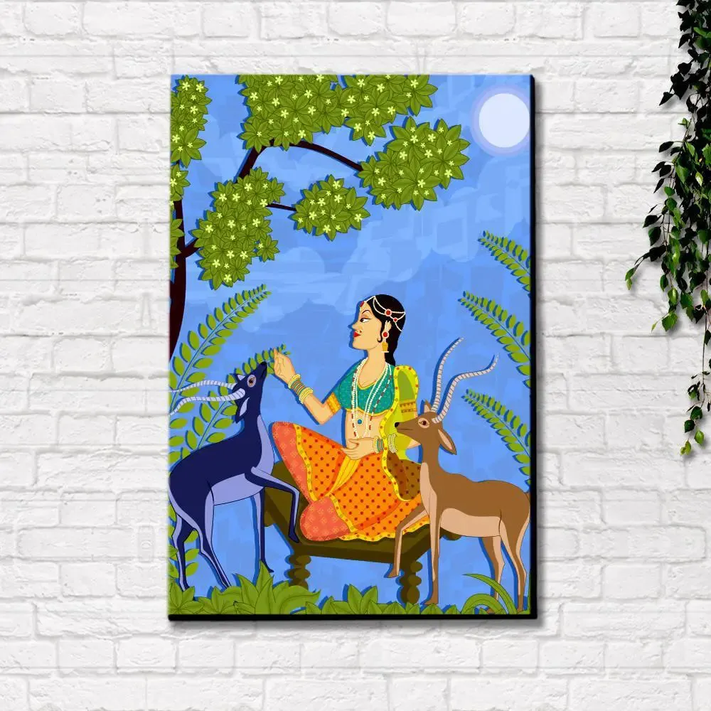 Beautiful Lady With Deer Madhubani Painting /  Canvas Print  Stretched on Wood Bars 61 x 41cm With Frame