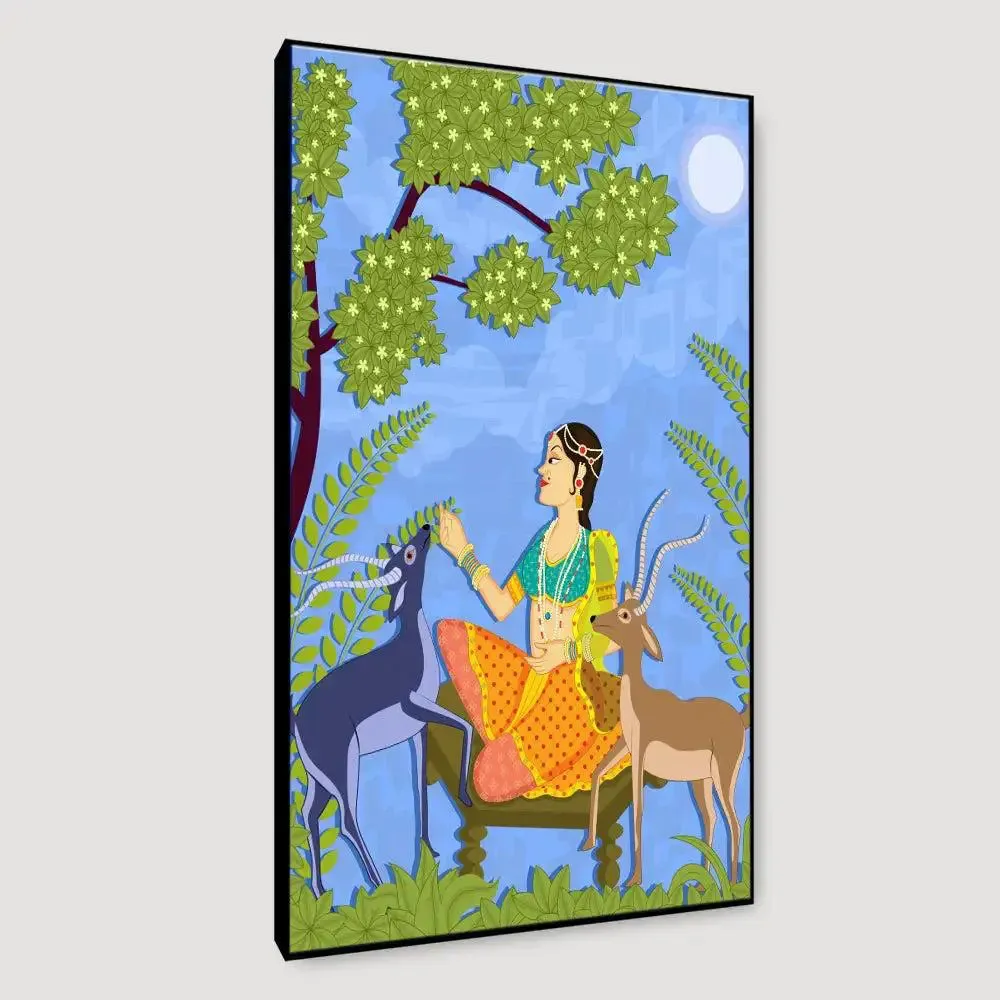 Beautiful Lady With Deer Madhubani Painting /  Canvas Print  Stretched on Wood Bars 61 x 41cm With Frame