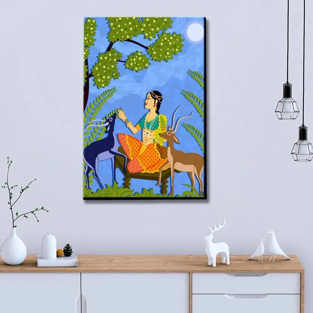 Beautiful Lady With Deer Madhubani Painting /  Canvas Print  Stretched on Wood Bars 61 x 41cm With Frame