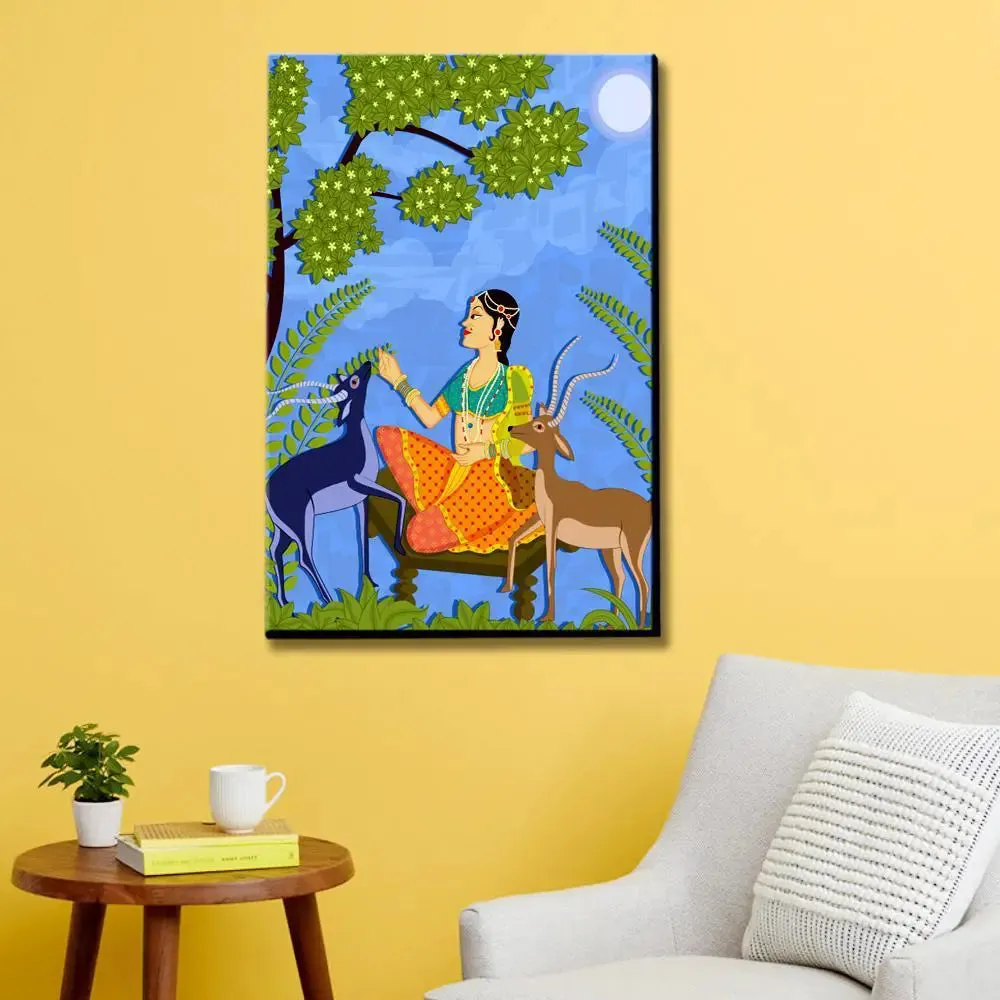 Beautiful Lady With Deer Madhubani Painting /  Canvas Print  Stretched on Wood Bars 61 x 41cm With Frame