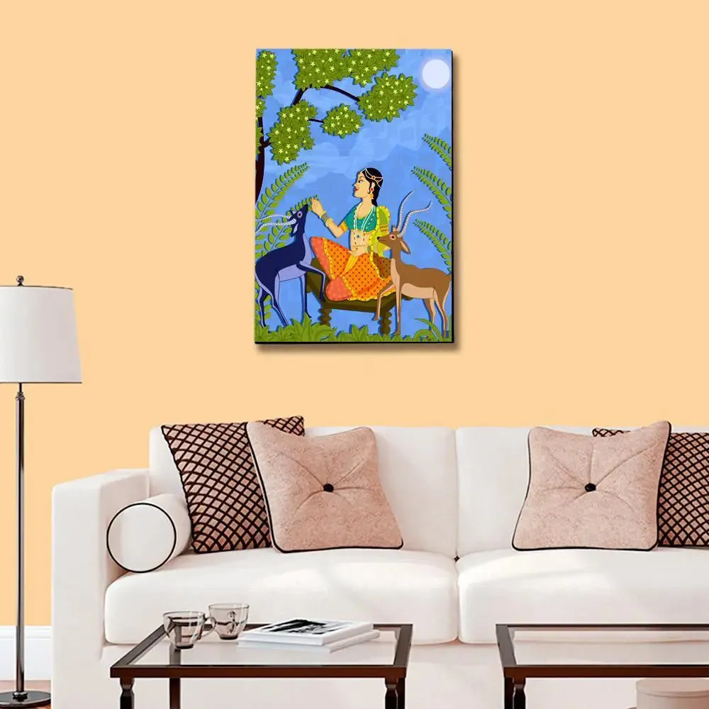 Beautiful Lady With Deer Madhubani Painting /  Canvas Print  Stretched on Wood Bars 61 x 41cm With Frame