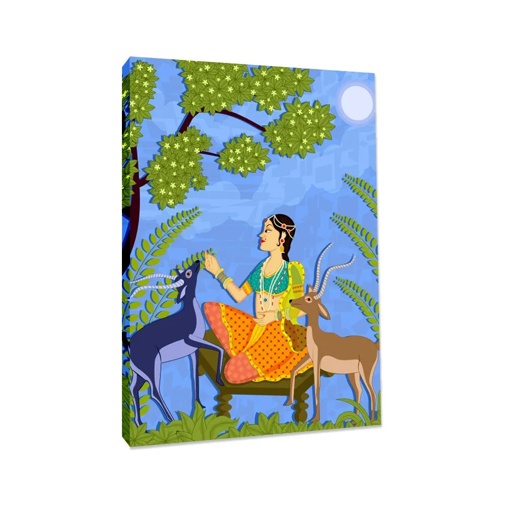 Beautiful Lady With Deer Madhubani Painting /  Canvas Print  Stretched on Wood Bars 61 x 41cm With Frame