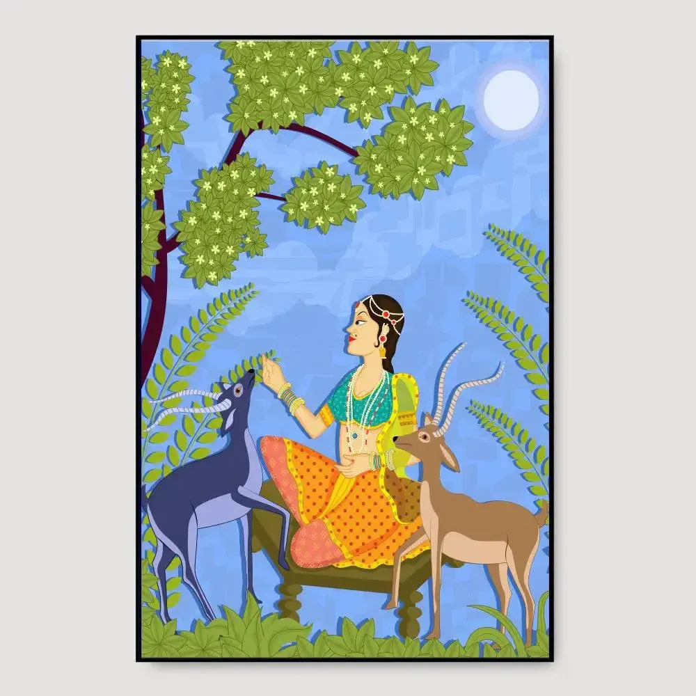 Beautiful Lady With Deer Madhubani Painting /  Canvas Print  Stretched on Wood Bars 61 x 41cm With Frame