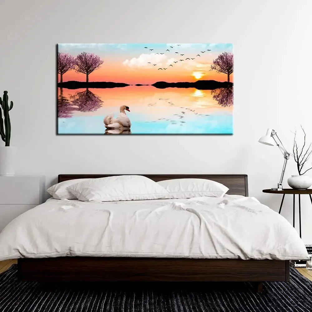 Beautiful Lake Sunrise with Swan Canvas Painting With Frame