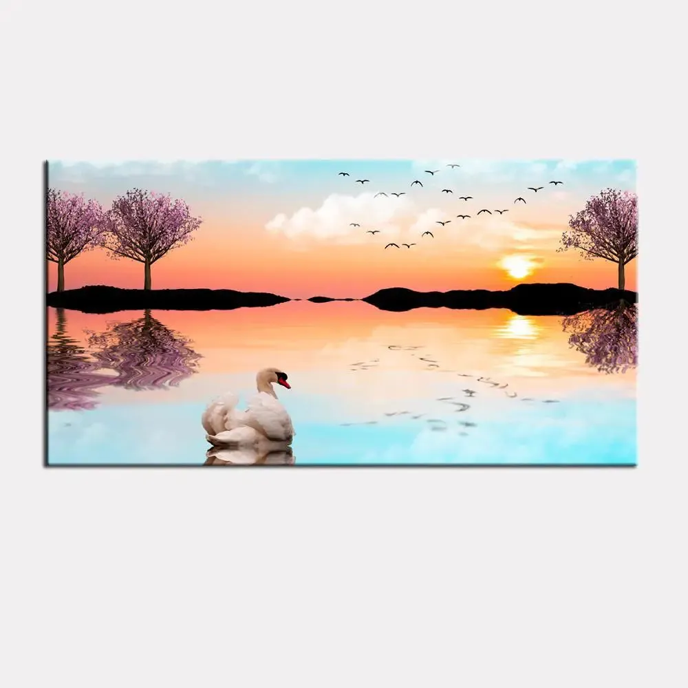 Beautiful Lake Sunrise with Swan Canvas Painting With Frame