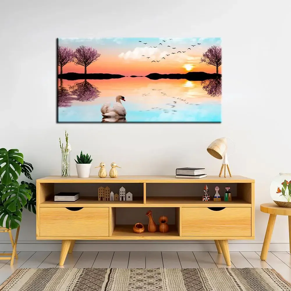 Beautiful Lake Sunrise with Swan Canvas Painting With Frame