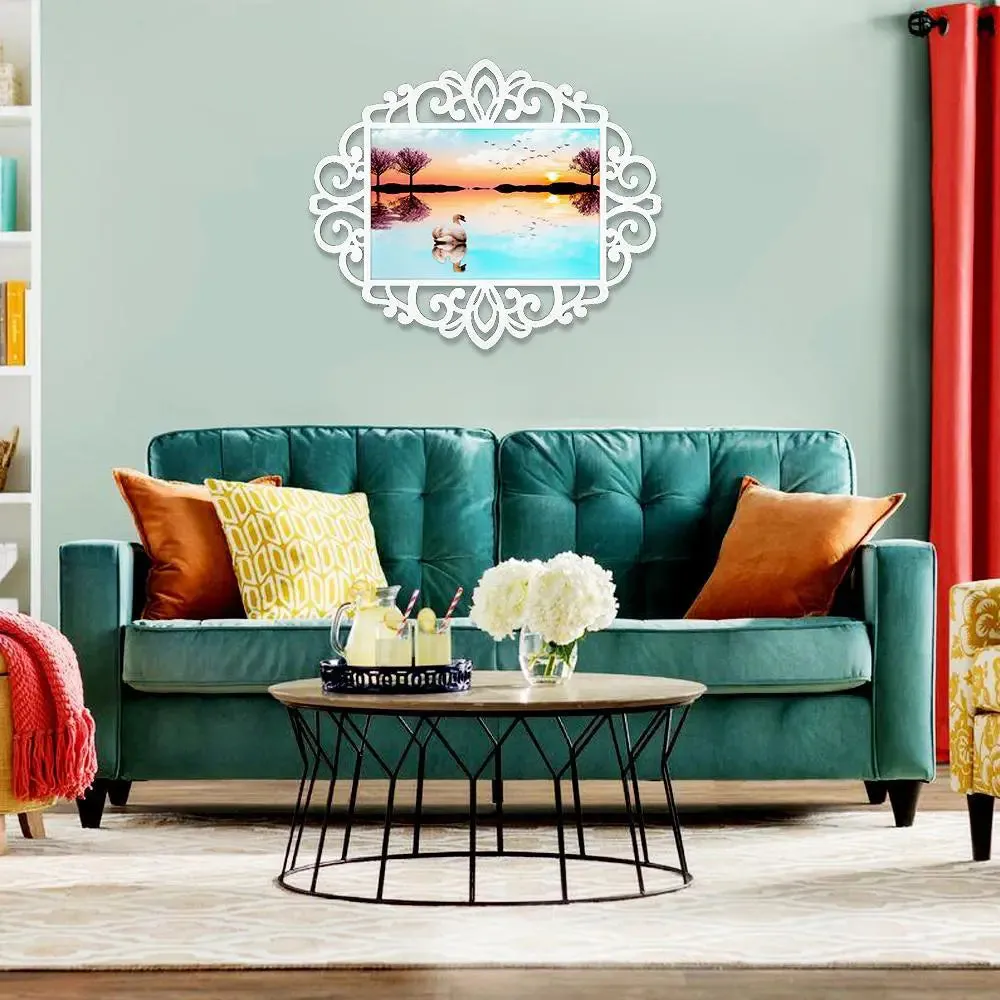 Beautiful Lake Sunrise with Swan Canvas Print in Decorative Frame
