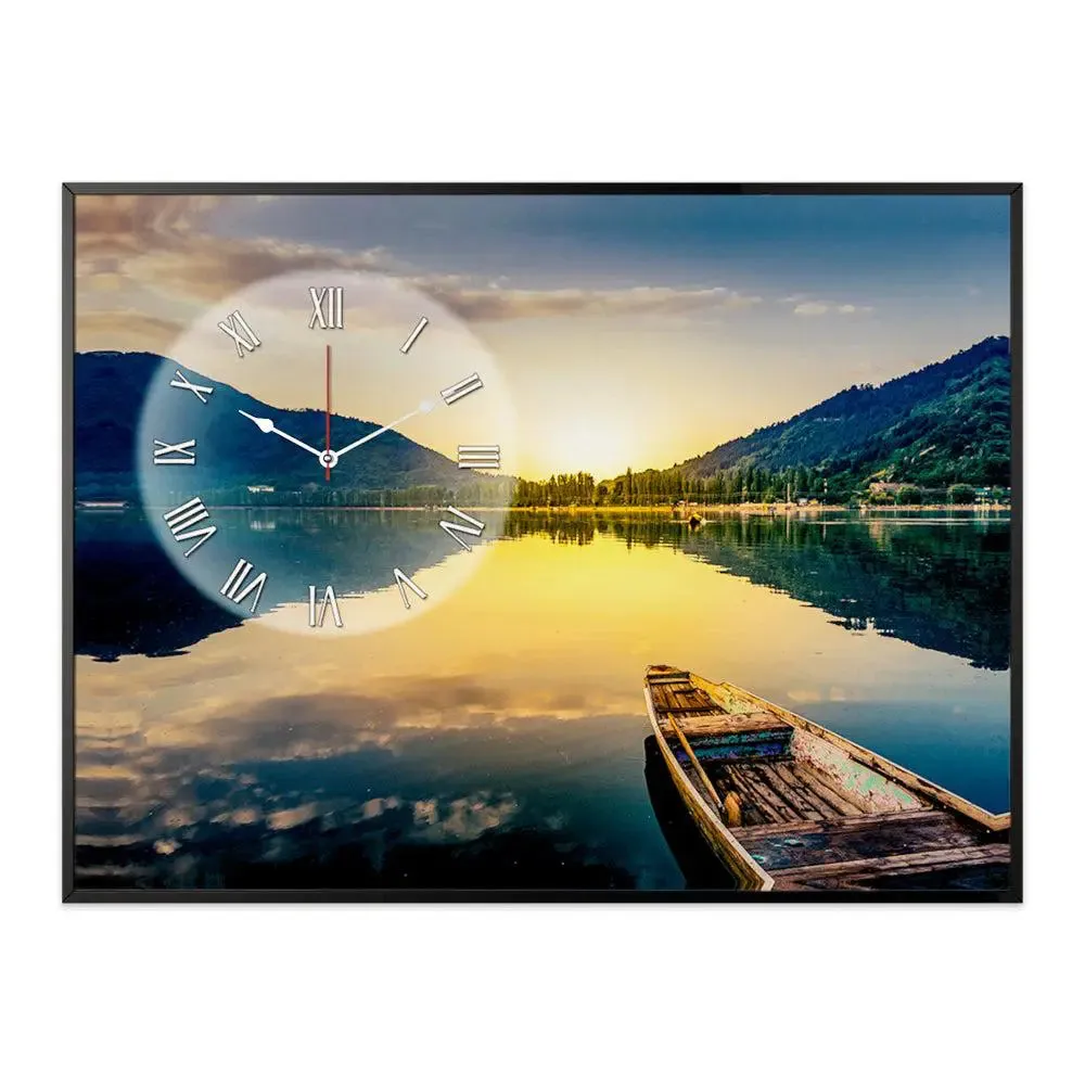Beautiful Lake With Boat Canvas Printed Decorative Wall Clock With Floating Frame