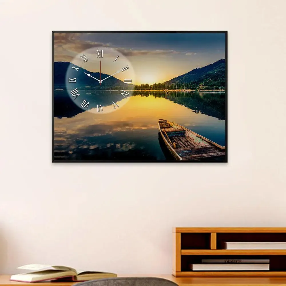 Beautiful Lake With Boat Canvas Printed Decorative Wall Clock With Floating Frame