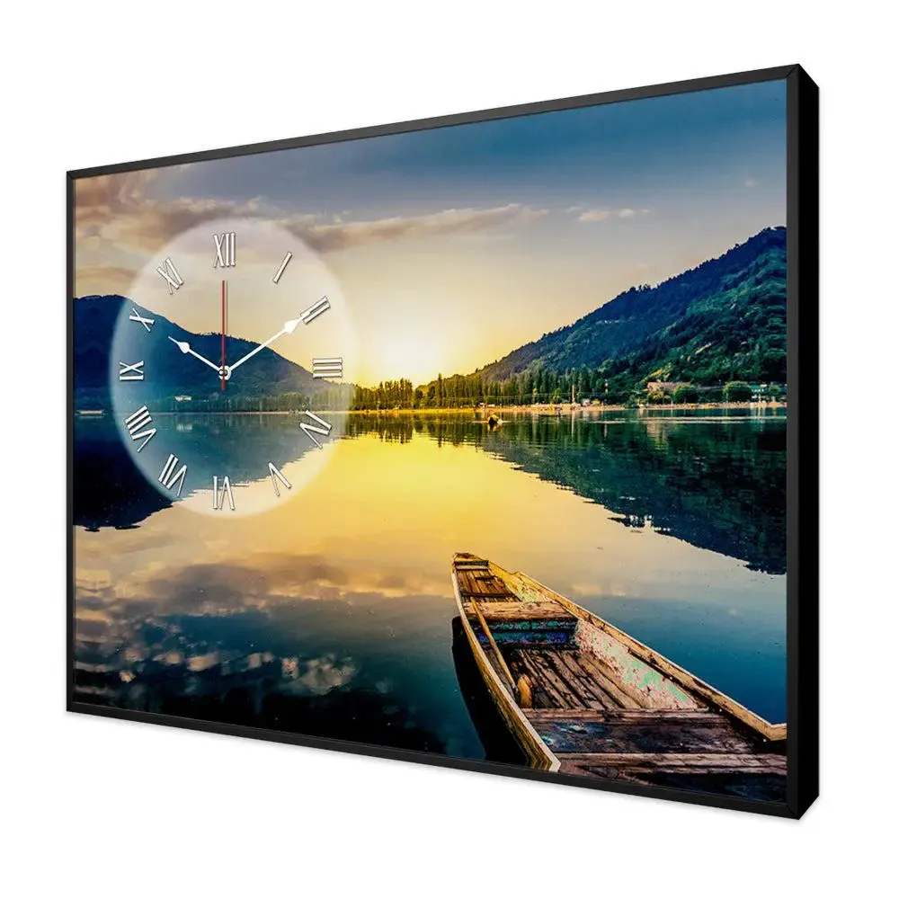 Beautiful Lake With Boat Canvas Printed Decorative Wall Clock With Floating Frame