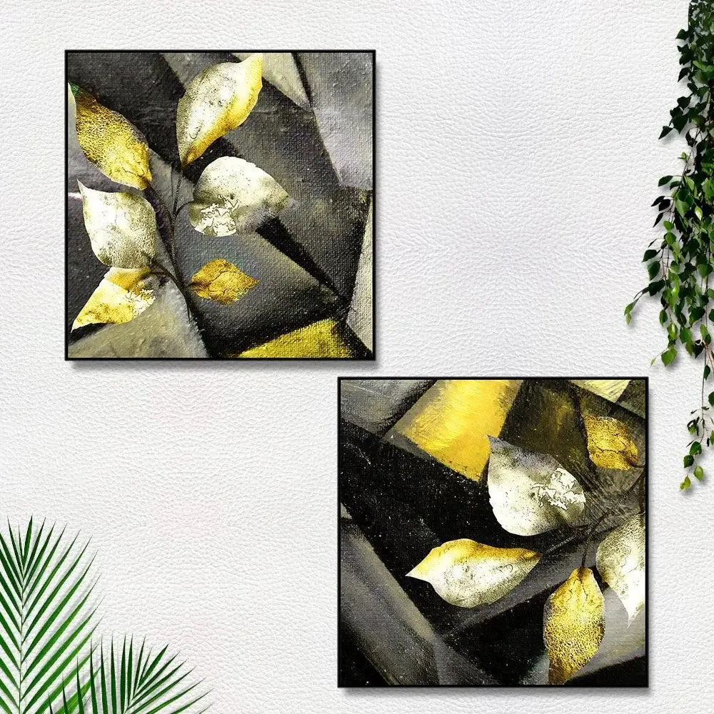 Beautiful Leaf Modern Art Canvas Painting With Black Floating Frame Size: 30 cm (H) X 30 cm (W) Set of 2